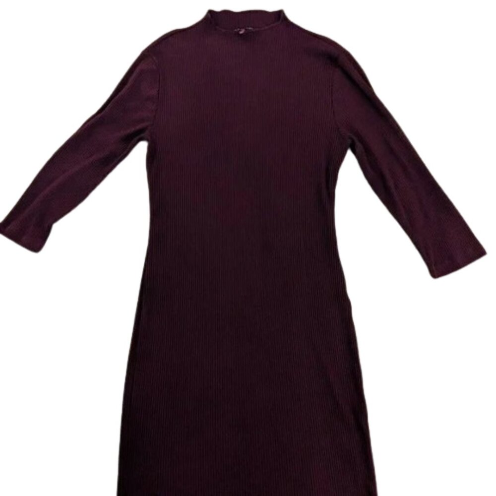 T Tahari Maroon Ribbed Bodycon Midi Dress 3/4 Sleeves Modal
